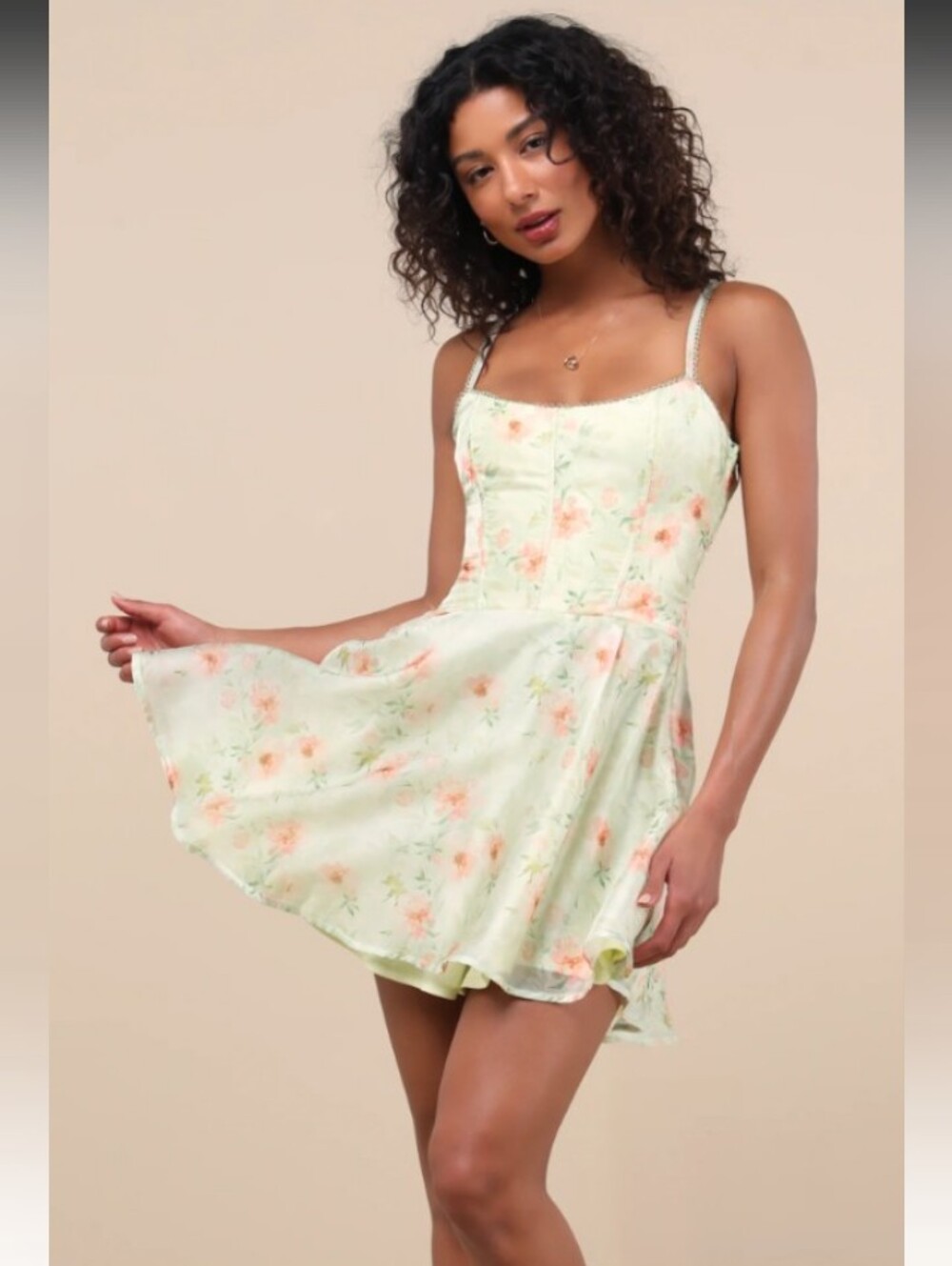 Lulu's Mint Green Floral Spaghetti Strap Mini Dress